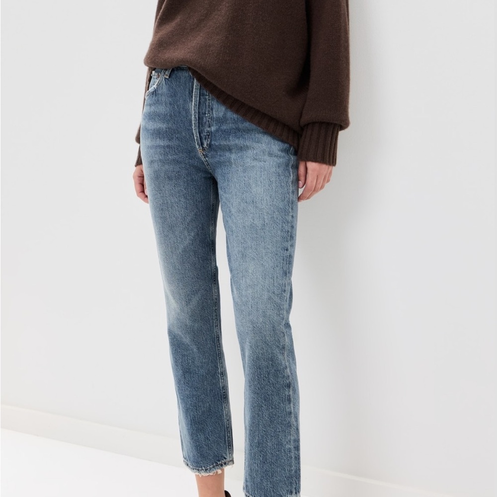 Agolde Riley High Rise Straight Cropped Blue Jeans